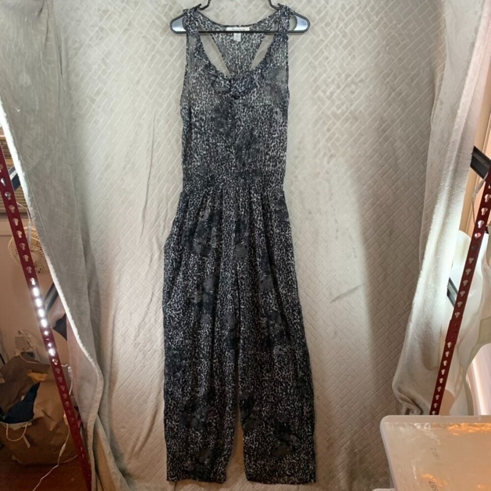 American Rag Woman XL Jumpsuit Gray Leopard Print Gauze Racer Back Sheer Relaxed